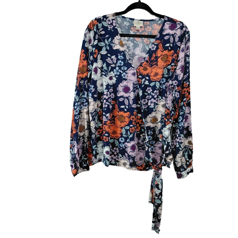 St John's Bay Long Sleeve Floral Wrap Blouse XL Blue Multi Long Bubble Sleeve